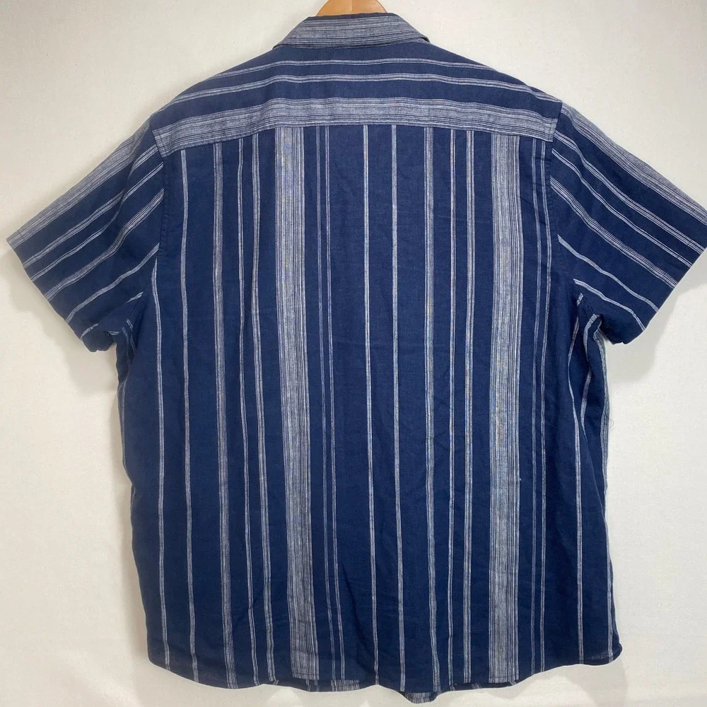 Lucky Brand Linen Blend Stripe Short Sleeve Button Up Mens XL Navy White Shirt - Picture 9 of 9